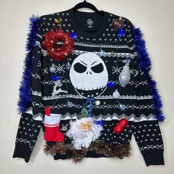 Ugly Christmas Sweater Jack Skellington LIGHTS UP Tacky Tinsel Xmas Party Winner - Picture 1 of 5